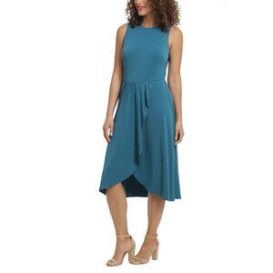 New LONDON TIMES Size S LANAYA sleeveless midi dress ruffle tulip skirt Teal
